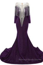 Deep V-neck Shiny Royal Blue Long sleeves Mermaid Semi Formal Prom Dresses