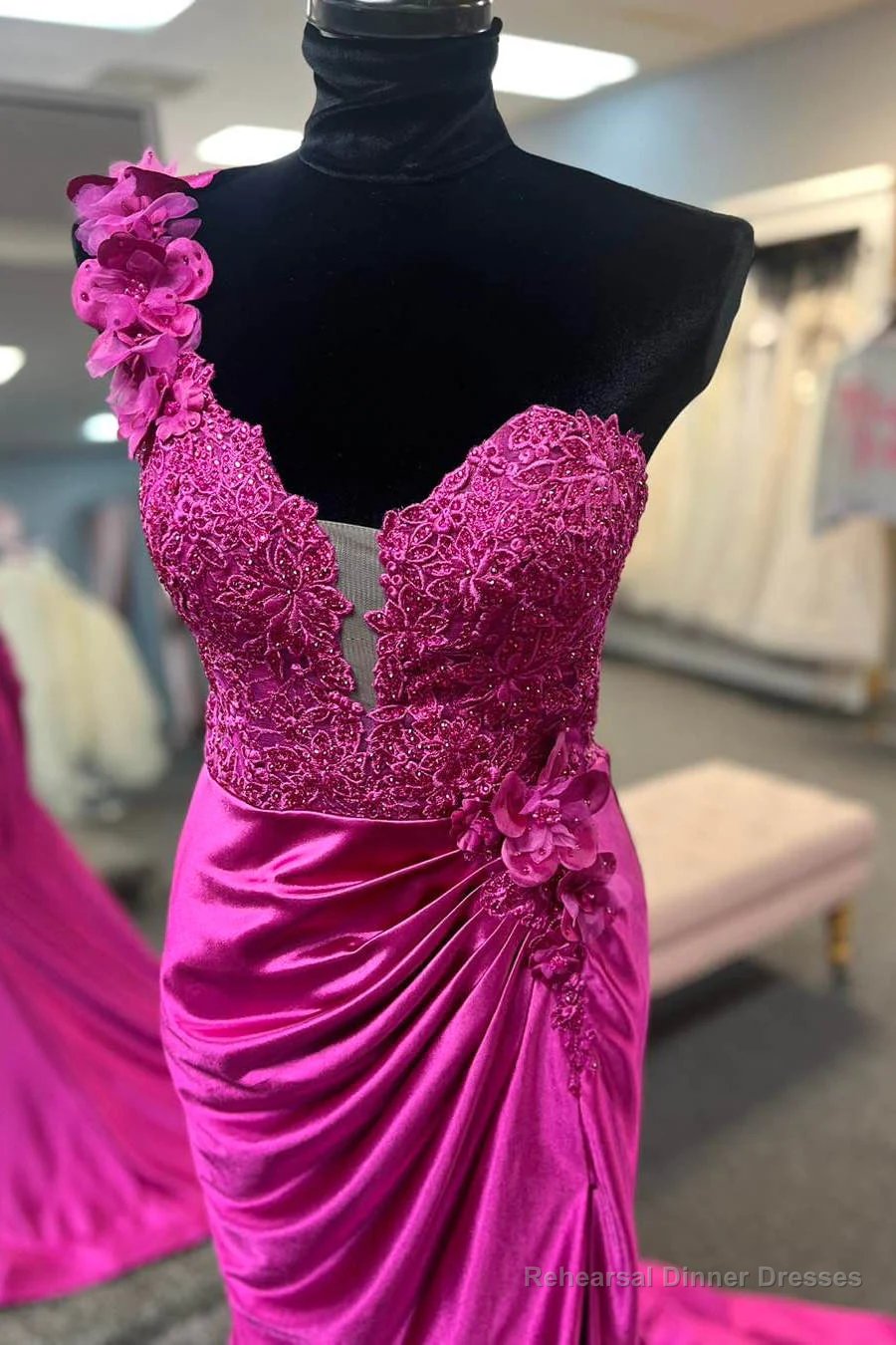 Fuchsia One Shoulder Ruched Mermaid Long Prom Dress with 3D Flowers Secondary image