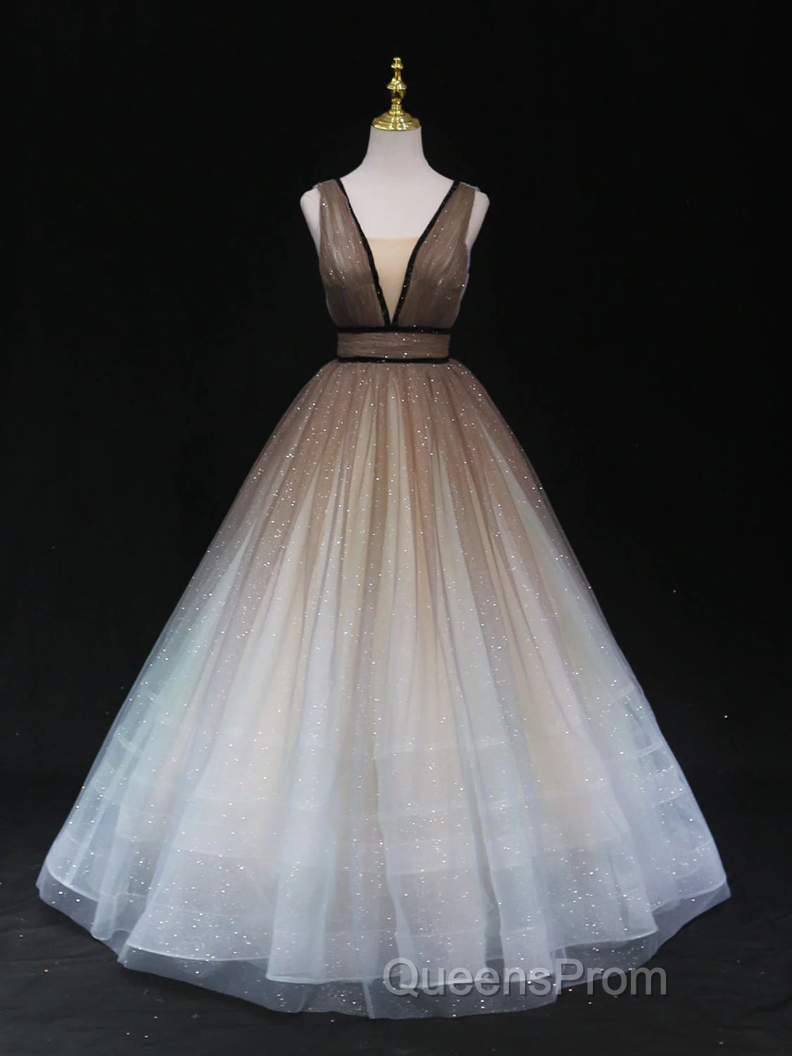 Glitter A-Line V Neck Tulle Long Evening Prom Dress Tulle Long Formal Party Dress