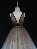 Glitter A-Line V Neck Tulle Long Evening Prom Dress Tulle Long Formal Party Dress