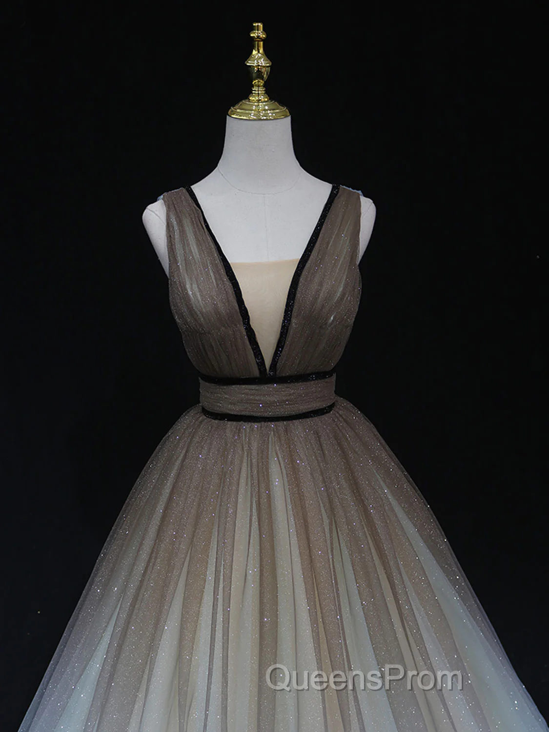 Glitter A-Line V Neck Tulle Long Evening Prom Dress Tulle Long Formal Party Dress