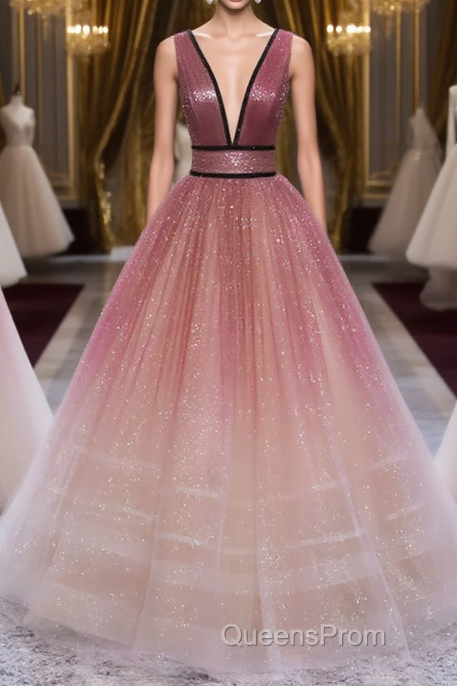 Glitter A-Line V Neck Tulle Long Evening Prom Dress Tulle Long Formal Party Dress Main image
