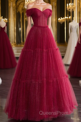 Burgundy A-line Off Shoulder Tulle Shiny Long Evening Prom Dress
