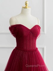 Burgundy A-line Off Shoulder Tulle Shiny Long Evening Prom Dress