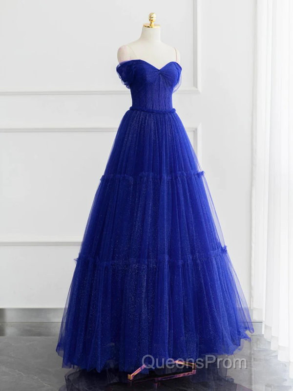 Burgundy A-line Off Shoulder Tulle Shiny Long Evening Prom Dress