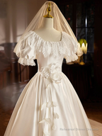 White Satin Short Sleeves Tea Length Lace Retro A-Line Prom Dress