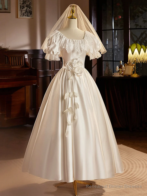 White Satin Short Sleeves Tea Length Lace Retro A-Line Prom Dress Main image