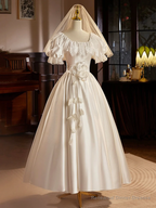White Satin Short Sleeves Tea Length Lace Retro A-Line Prom Dress