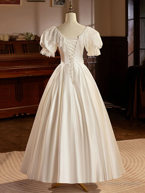 White Satin Short Sleeves Tea Length Lace Retro A-Line Prom Dress Secondary image
