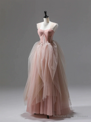 Pink A-Line Tulle Long Prom Dress Evening Gown