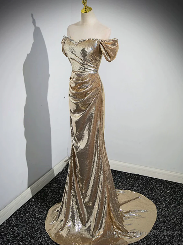 Gold Sequins Off Shoulder Mermaid Long Prom Dress Evening Party Dress Main image