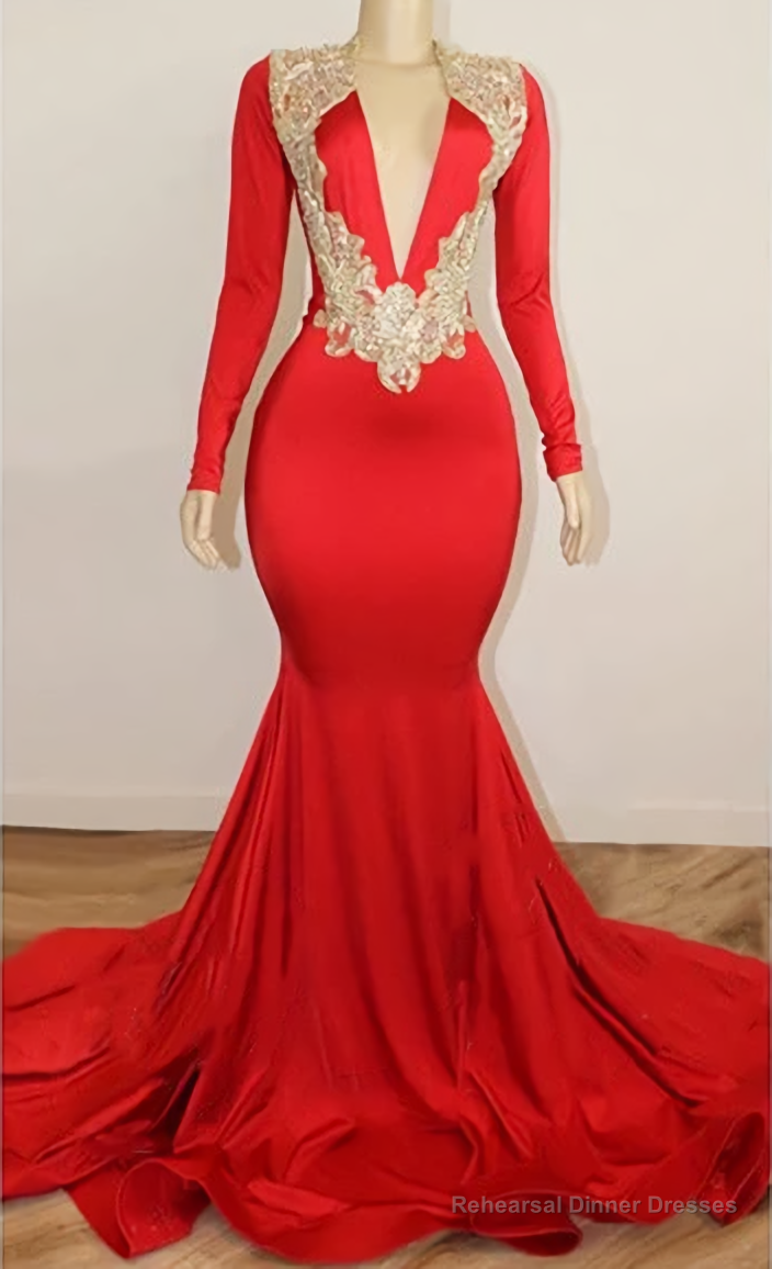 Black Girl Prom Dresses, Long Sleeve Red Prom Dresses With Beads Crystals V Neck Open Back Sexy Evening Gowns Cheap Secondary image