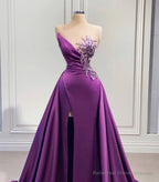 Purple Mermaid Dress With High Slit Detachable Train Wedding Reception Dress, Satin Lace Wedding Dress, African Prom Dress, Evening Dress