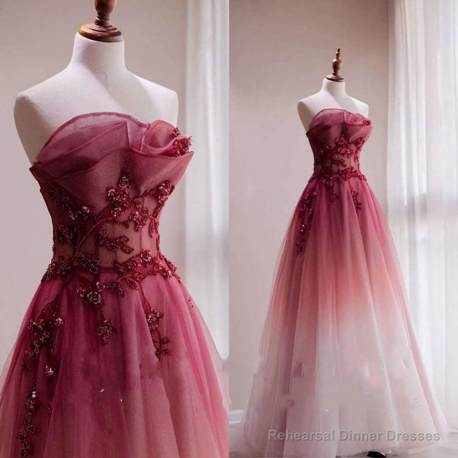 Red Gradient Prom Dress, Vintage Wedding Dress, Red Strapless Party Dress With Beaded Bridal Dress, Red Ombre Evening Dress, Aline Formal Dress Main image