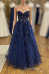 Dark Navy Long A-line Tulle Lace Backless Formal Evening Prom Dress