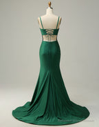 Dark Green Spaghetti Straps Corset back Prom Dress With Split