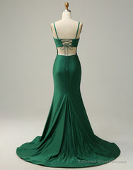 Dark Green Spaghetti Straps Corset back Prom Dress With Split