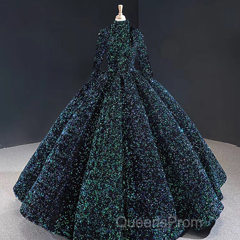 Glitter High Neck Open Back Lace Up Ball Gown Evening Prom Dress
