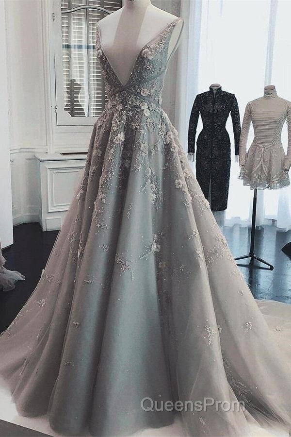 Deep V Neck Sleeveless Evening Prom Dress Long Party Gown with Appliques