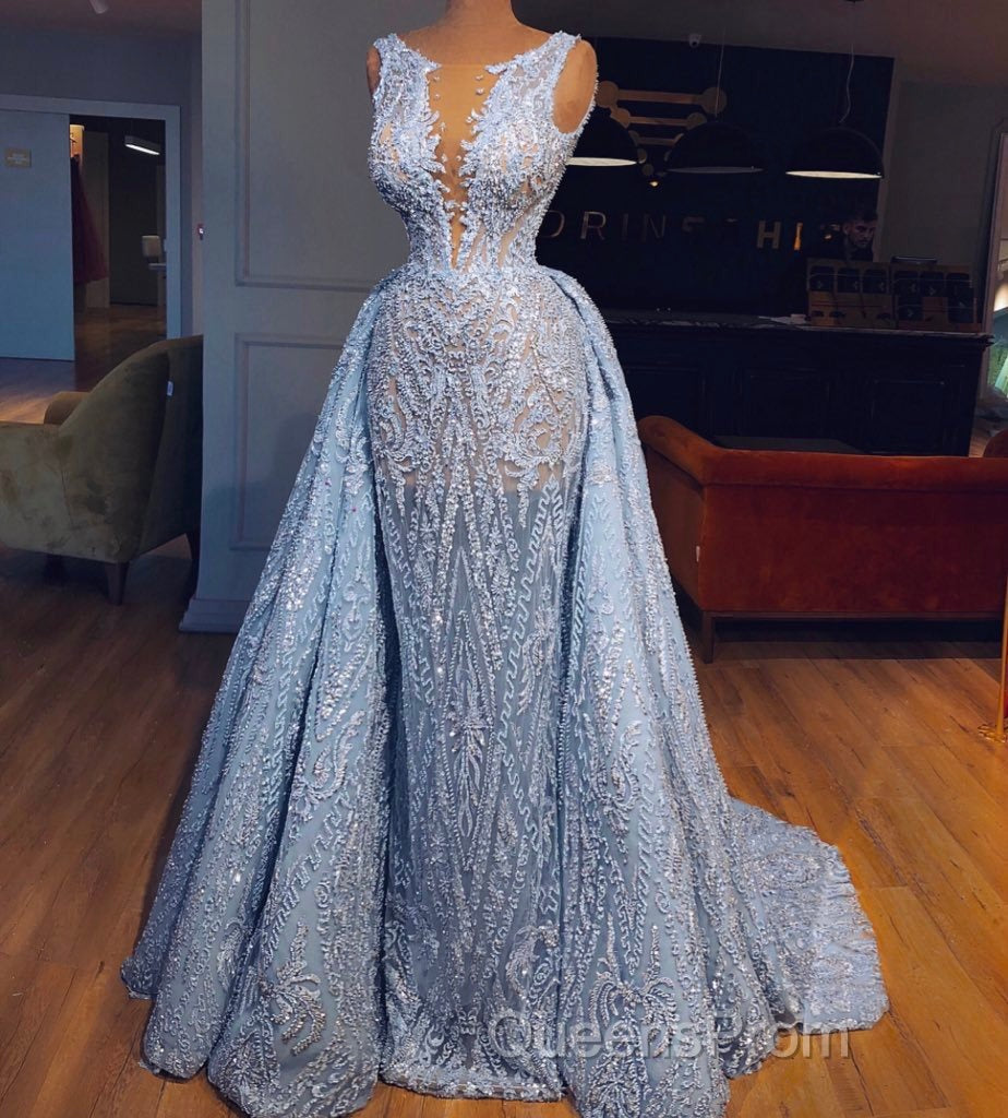 Elegant Blue Lace Sleeveless Deep V Neck Evening Prom Dress Party Dress Secondary image