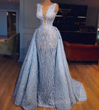 Elegant Blue Lace Sleeveless Deep V Neck Evening Prom Dress Party Dress