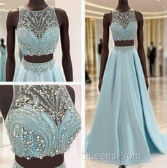 Blue Two Piece Bead Top Ball Gown Evening Prom Dress