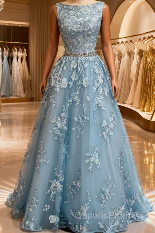 Dusty Blue A-line Backless Evening Prom Dress Long Dusty Blue Lace Formal Dress