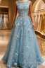 Dusty Blue A-line Backless Evening Prom Dress Long Dusty Blue Lace Formal Dress