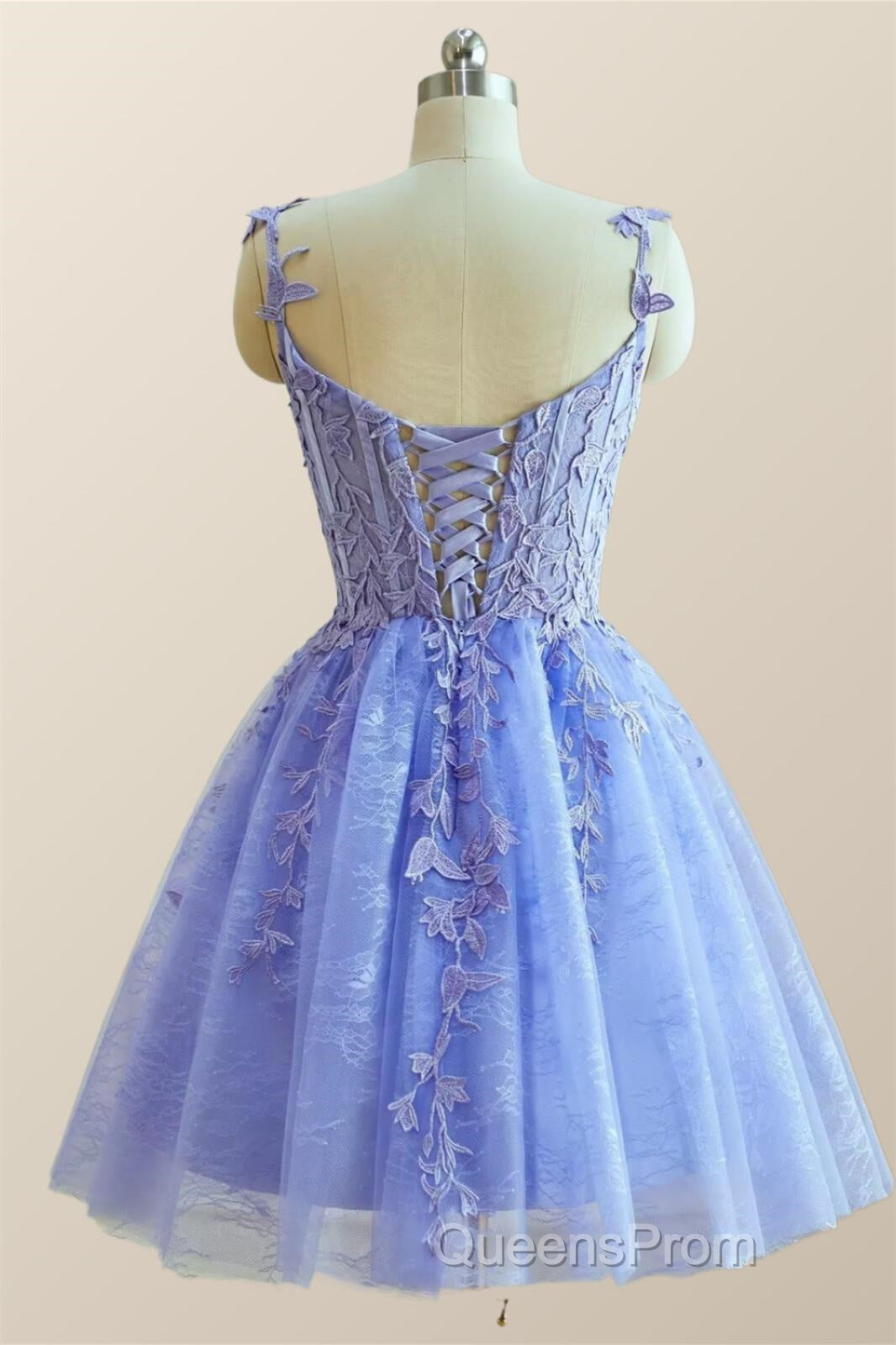 Straps Periwinkle Lace Appliques A-line Short Dress Secondary image