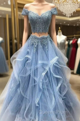 Dusty Blue Two Piece Off Shoulders Ruffles Skirt Evening Prom Dress