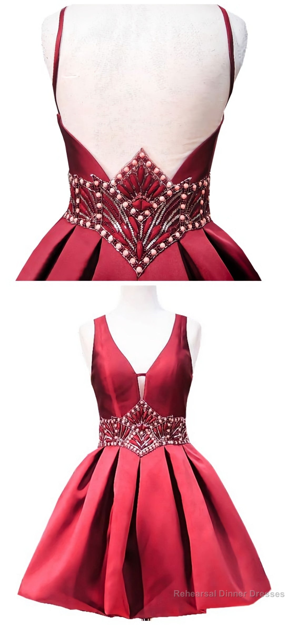 Sweet A Line V Neck Sheer Back Beaded Crystals 8Th Grade Prom Dresses, Short Burgundy Party Homecoming Dress, E0983 Main image