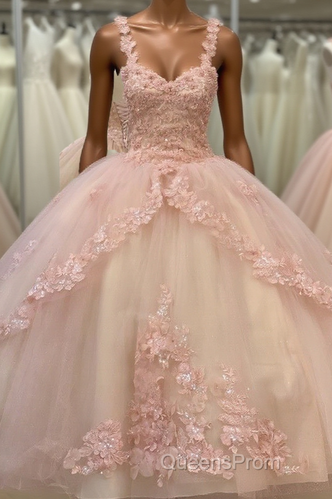 Quinceanera Sweet Tulle Ball Gown 16 Lace Pink Party Flower Sparkly Evening Prom Dress Main image