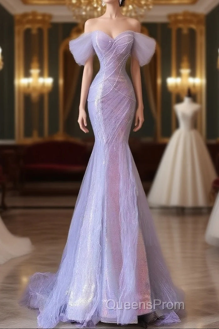 Purple Sweetheart Sequin Beaded Mermaid Long Evening Prom Dress,Purple Tulle Train Evening Prom Gown Main image