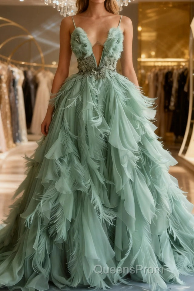 Mint Green A-line Spaghetti Strap Tulle Long Evening Prom Dress, Elegant Evening Dress Main image