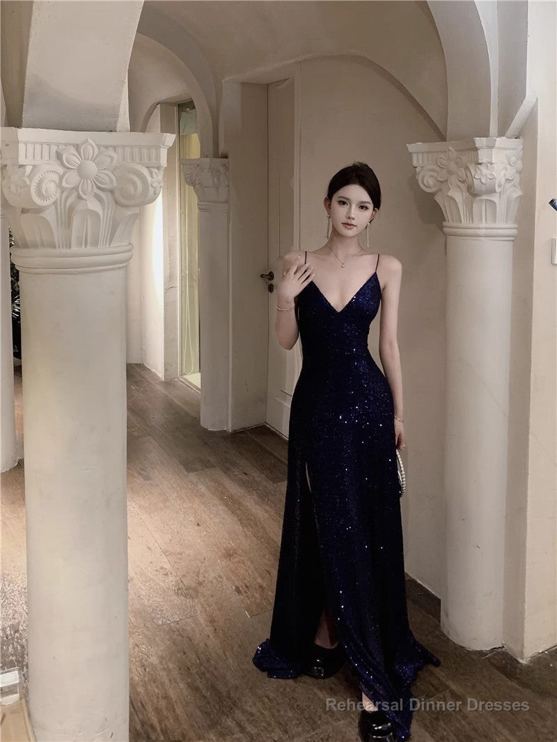 Navy Blue Spaghetti Strap A-Line V-Neck Sequined Long Prom Dress, Adult Ceremony Graduation Evening dress Main image