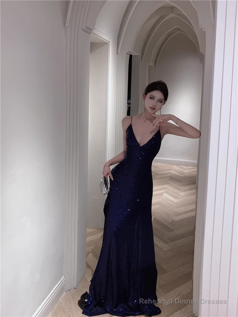 Navy Blue Spaghetti Strap A-Line V-Neck Sequined Long Prom Dress, Adult Ceremony Graduation Evening dress Secondary image