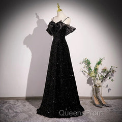 A-Line Off Shoulder Velvet Sequin Long Black Evening Prom Dress, Black Long Evening Dress