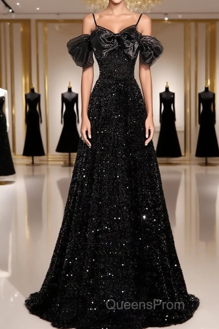 A-Line Off Shoulder Velvet Sequin Long Black Evening Prom Dress, Black Long Evening Dress Main image