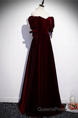 Modest Burgundy Long Evening Prom Dress with Short Sleeves Vintage Evening Gown