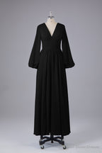 Elegant Long Sleeves V Neck Chiffon Long Bridesmaid Dresses