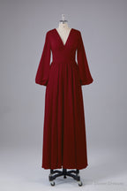 Elegant Long Sleeves V Neck Chiffon Long Bridesmaid Dresses