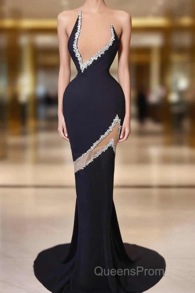 Mermaid V-neck Sleeveless Rhinestone Satin Tulle Evening Prom Dress Main image