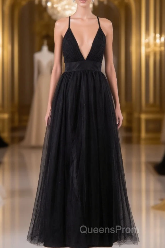 Elegant Tulle Spaghetti Straps Backless Floor Length Evening Prom Dress Main image