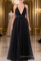 Elegant Tulle Spaghetti Straps Backless Floor Length Evening Prom Dress