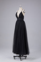 Elegant Tulle Spaghetti Straps Backless Floor Length Evening Prom Dress
