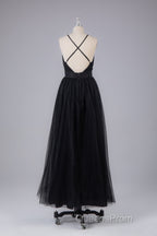 Elegant Tulle Spaghetti Straps Backless Floor Length Evening Prom Dress