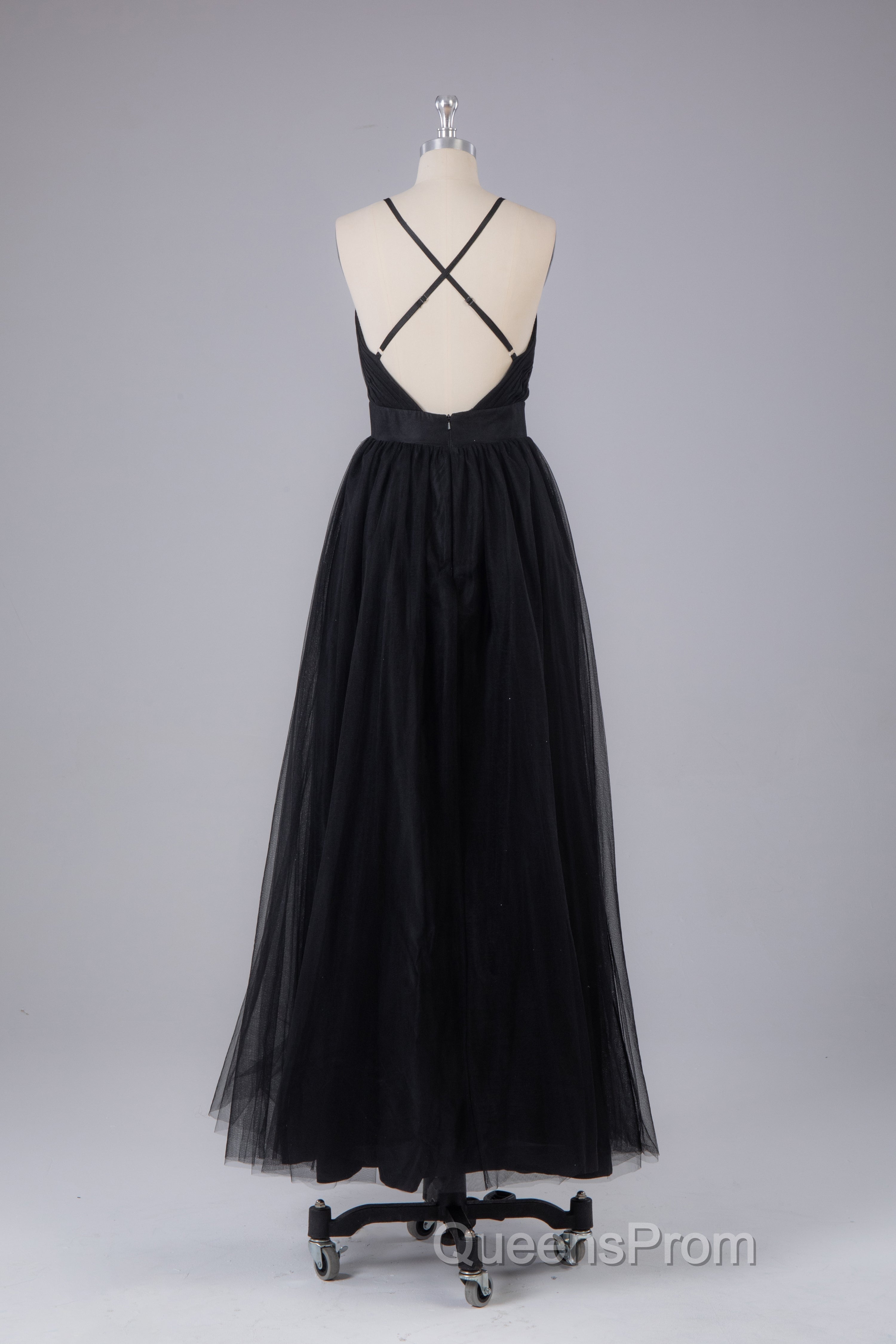 Elegant Tulle Spaghetti Straps Backless Floor Length Evening Prom Dress