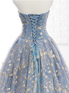 Elegant A Line Blue Tulle Long Strapless Lace Up Gold Evening Dress, Prom Dresses, Js223