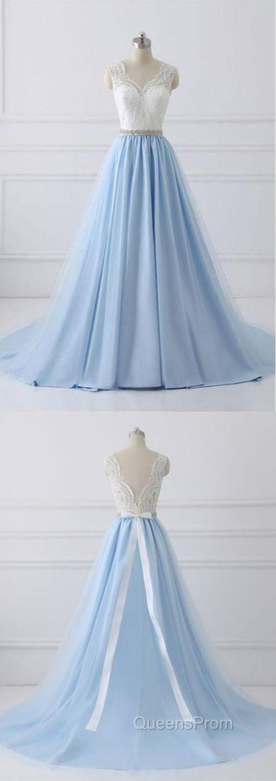 Elegant Long Blue Evening Prom Dress with White Lace Top | Senior School Formal Dress Secondary image