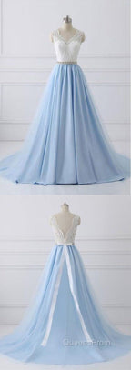 Elegant Long Blue Evening Prom Dress with White Lace Top | Senior School Formal Dress